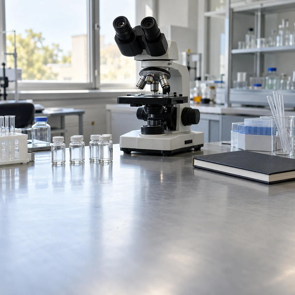 Microscopio su un banco di laboratorio, immagine rappresentativa generata con IA