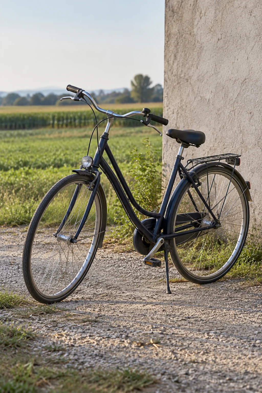 Bicicletta accanto a un muro rurale: immagine rappresentativa generata con IA