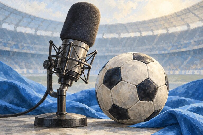Illustrazione simbolica di un microfono radiofonico e un pallone da calcio su tessuto azzurro.