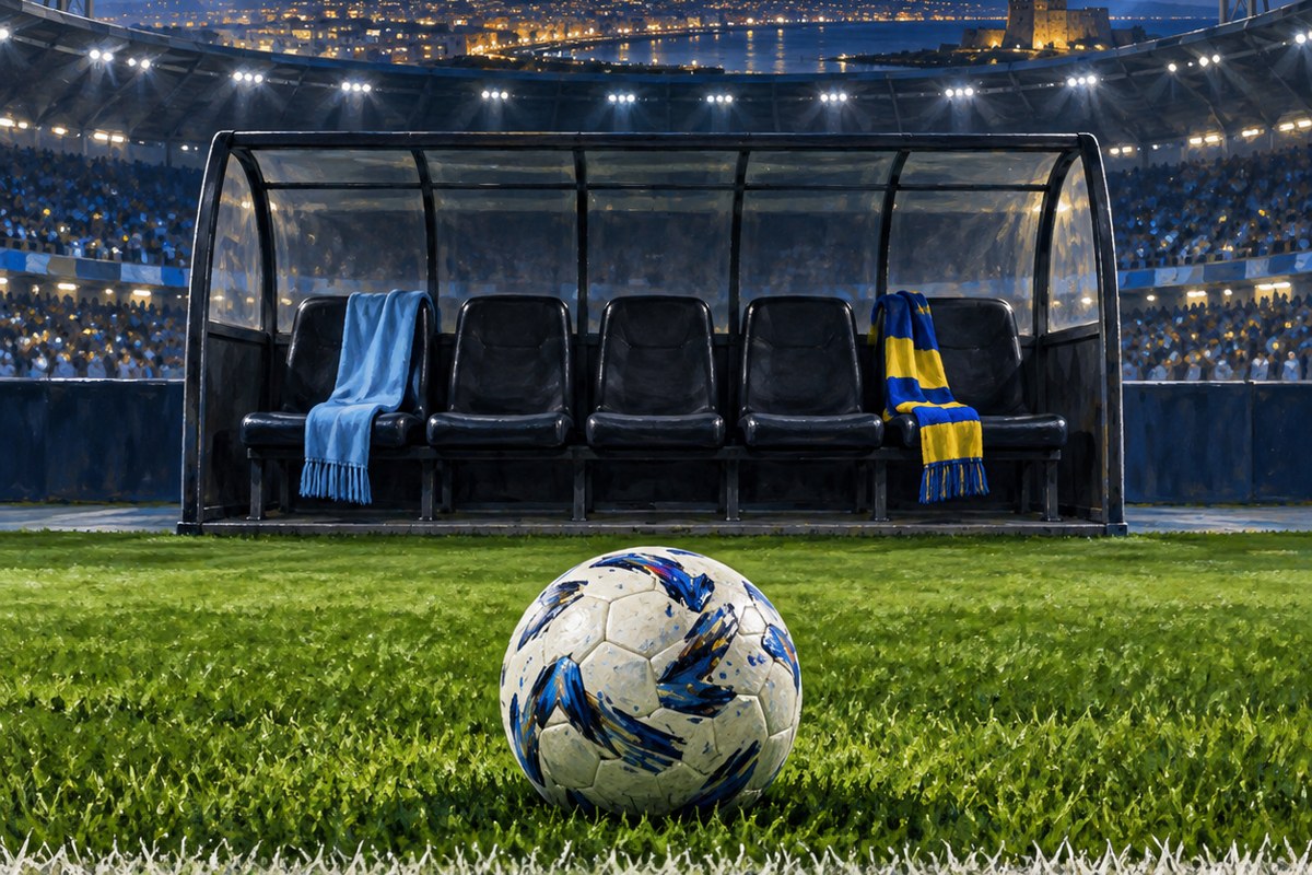 Illustrazione di un pallone davanti a una panchina con sciarpe azzurra e gialloblù in uno stadio.