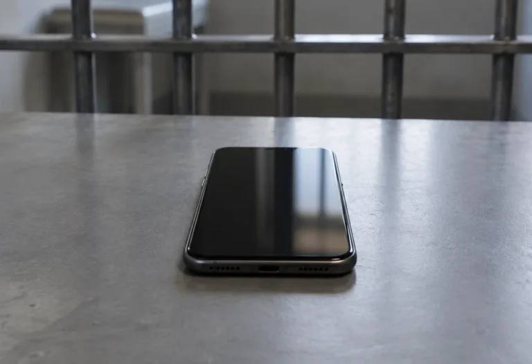 Smartphone spento su un tavolo davanti a sbarre sfocate, rappresentazione generata con IA