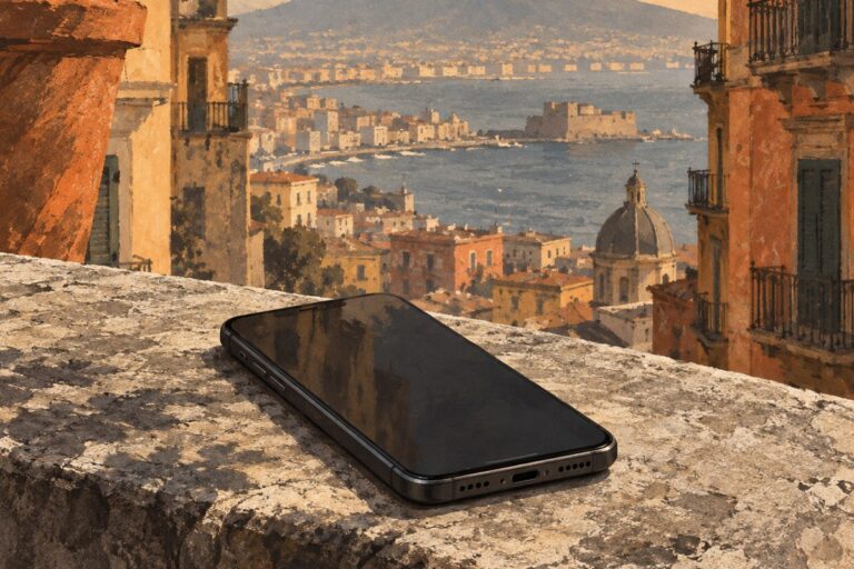Illustrazione simbolica di uno smartphone su una superficie di pietra con Napoli sullo sfondo