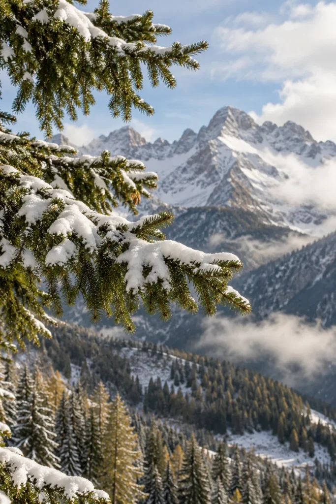 Rami di conifera innevati davanti a montagne alpine, immagine rappresentativa generata con IA