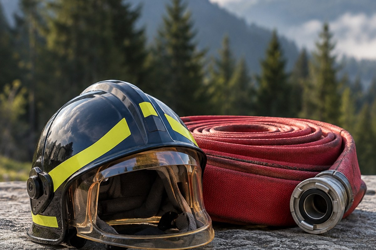 Casco e manichetta antincendio davanti a un paesaggio alpino, immagine rappresentativa generata con IA