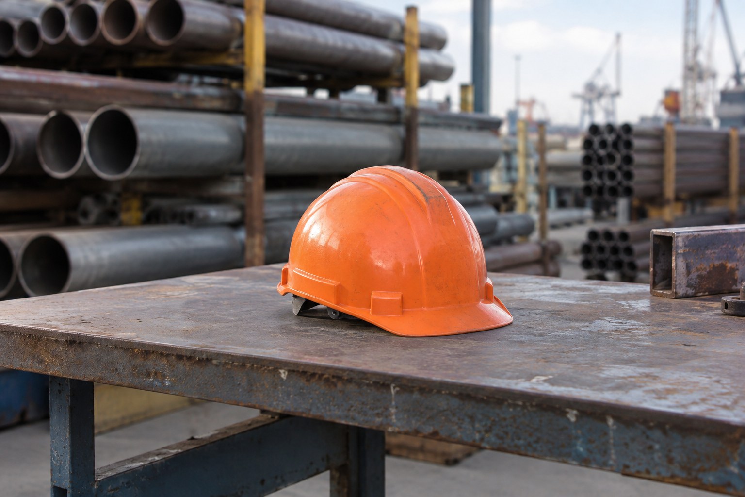 Casco protettivo arancione davanti a tubi industriali: immagine simbolica generata con IA