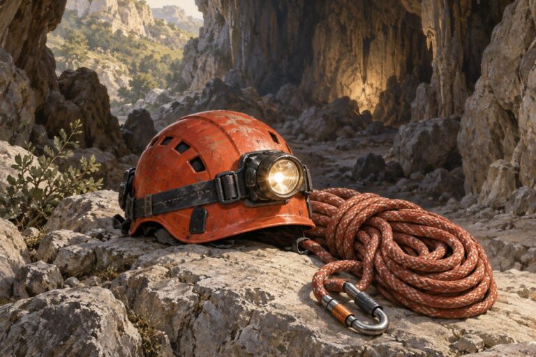 Illustrazione simbolica di un casco con lampada e una corda da soccorso all’ingresso di una grotta.