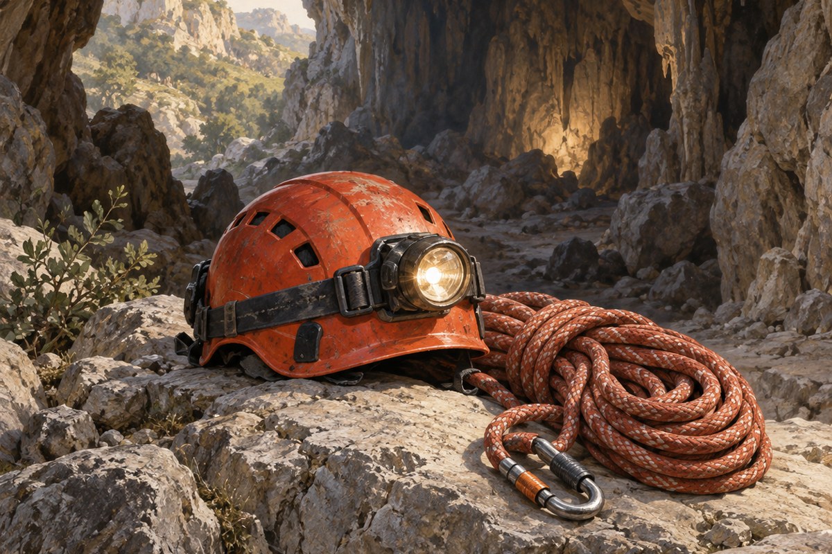 Illustrazione simbolica di un casco con lampada e una corda da soccorso all’ingresso di una grotta.