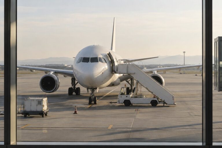 Aereo passeggeri con scala di imbarco: immagine rappresentativa generata con IA